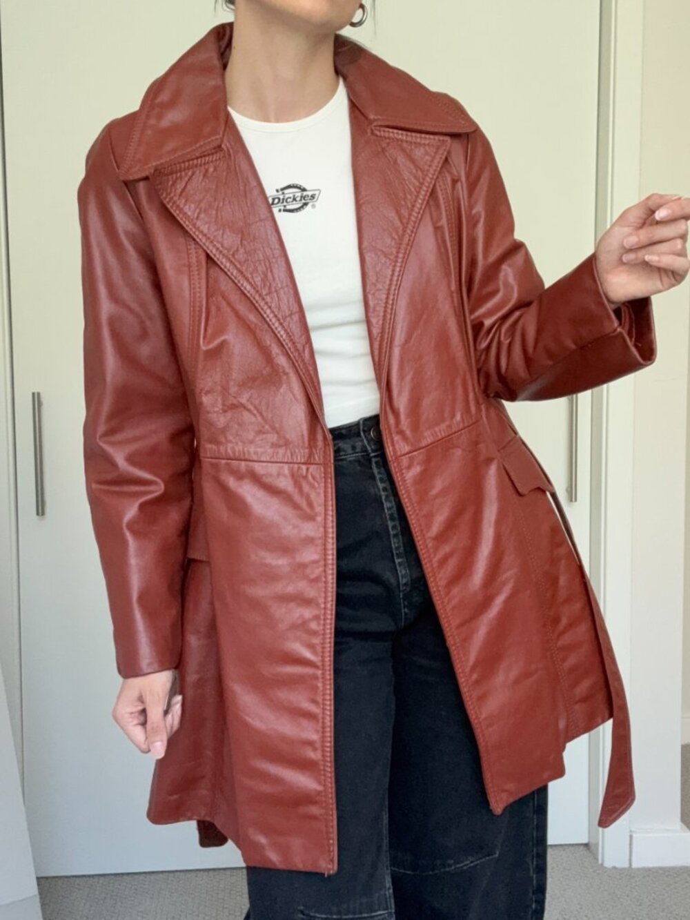 Vintage 70s Rust Genuine Leather Belted Coat A-Line Jacket